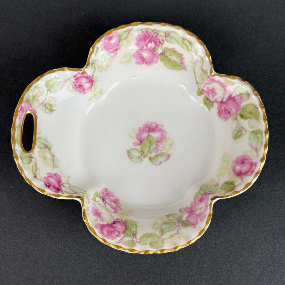 Haviland France Porcelain Floral Dish Pink Rose Scalloped Gold Rim Handle